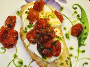 Parmesan-Crusted Chicken with Fresh Cheese, Caramelized Tomatoes & Basil Oil